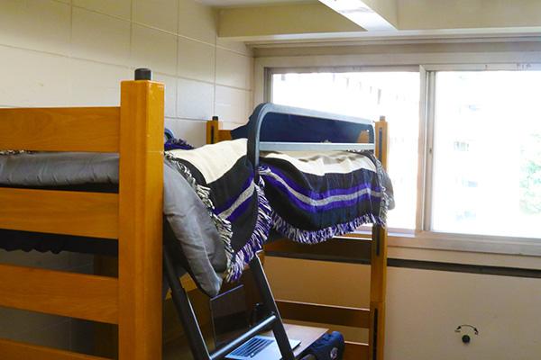 A bed that has been lofted off the ground. There is a ladder leading to the bed, and a desk with a laptop on it under the bed.