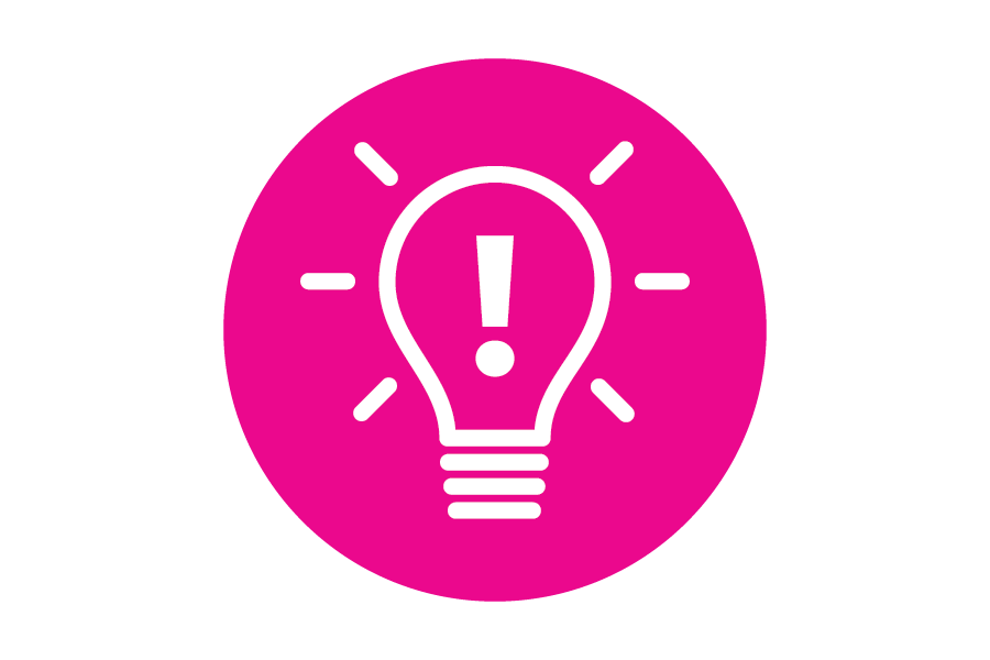 Icon of a white light bulb on a pink background.