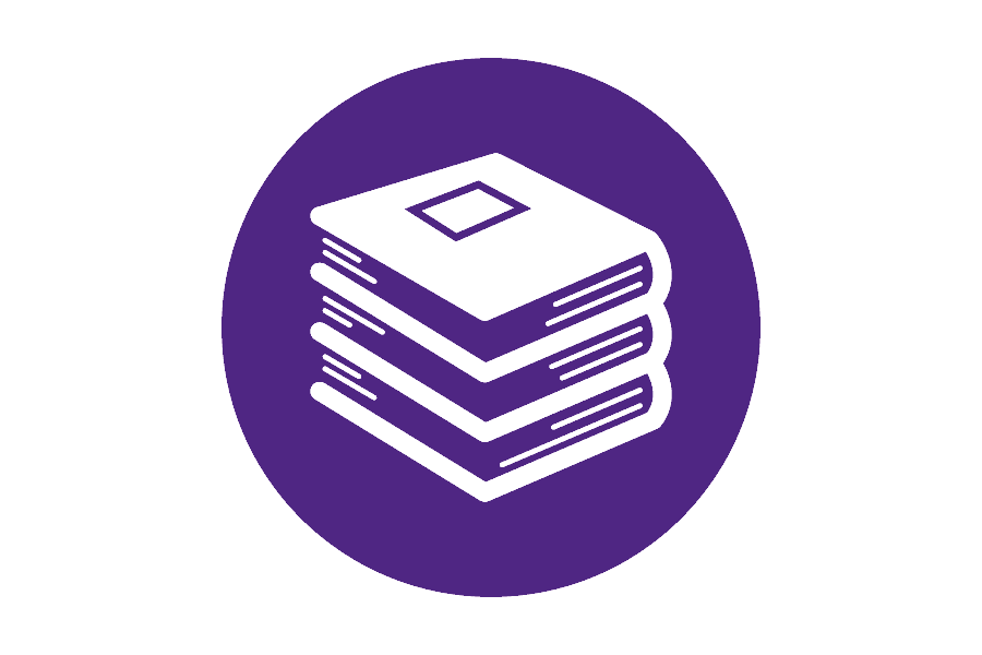 Icon of white books on a purple background.