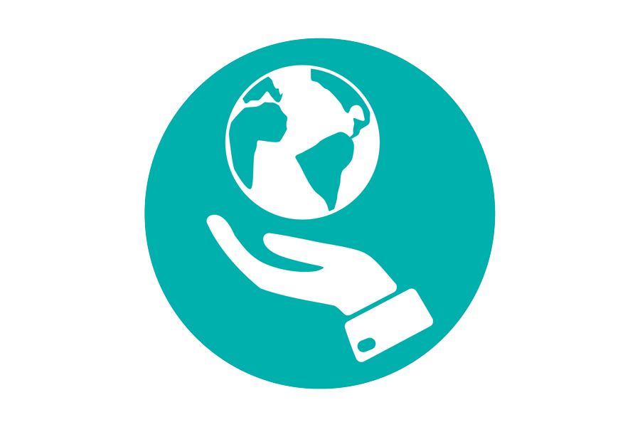 Graphic of a white hand and Earth on a teal background.